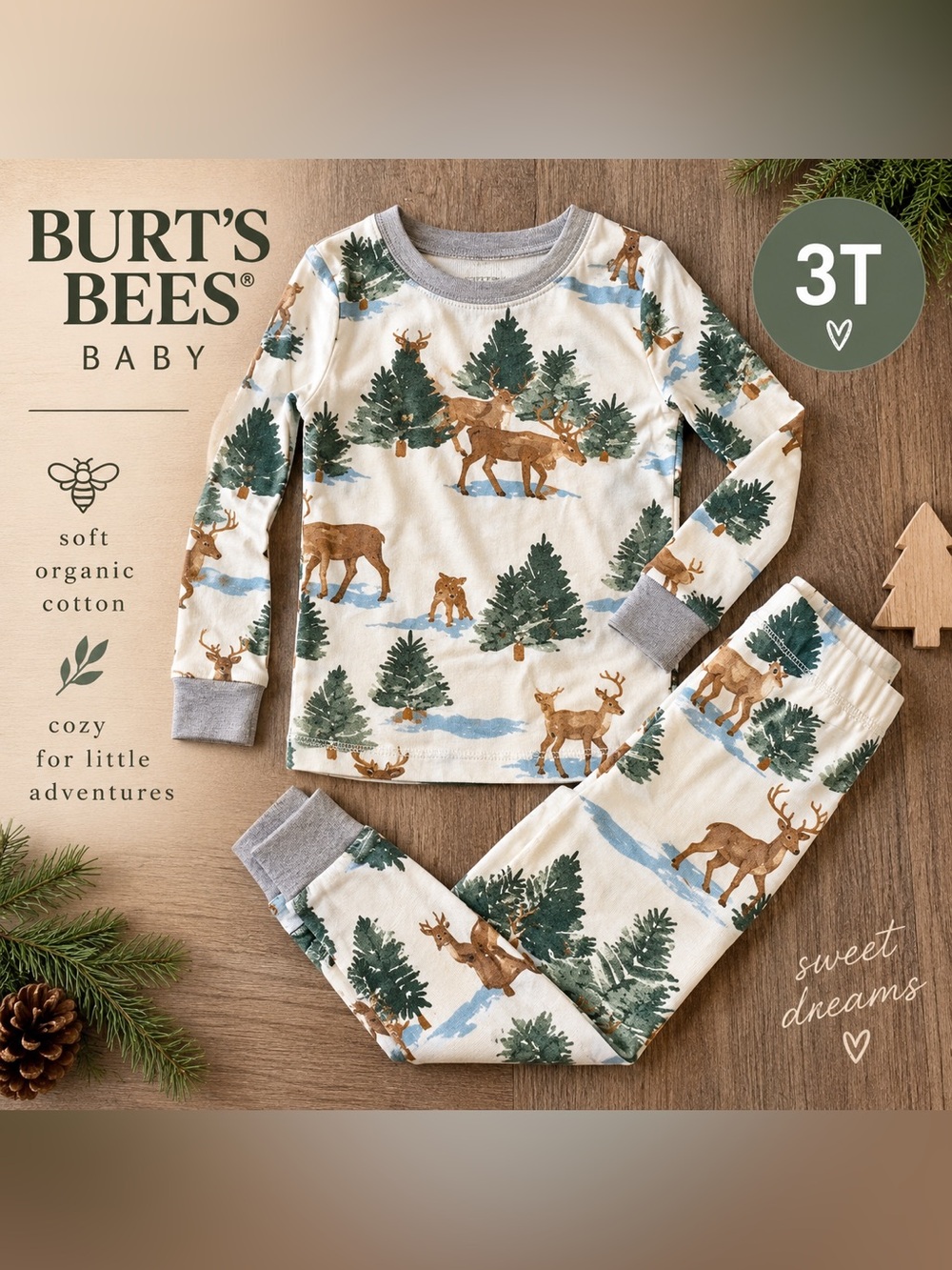 Burt’s Bees Baby Woodland Deer Pajama Set 3T Organic Cotton Winter